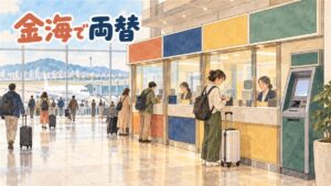 金海空港の国際線ターミナルで両替窓口の前に立ち、財布からウォン紙幣を取り出す旅行者の後ろ姿