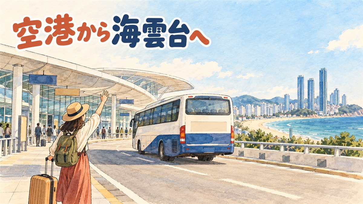 金海空港の到着ロビーで空港リムジンバスの乗り場案内を見る旅行者のイメージ