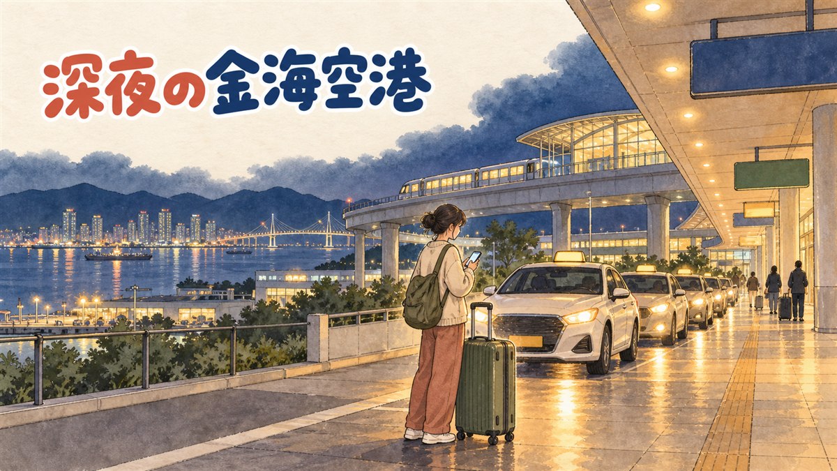 金海空港の到着ロビーで、夜遅くにスーツケースを引いて出口へ向かう旅行者の後ろ姿