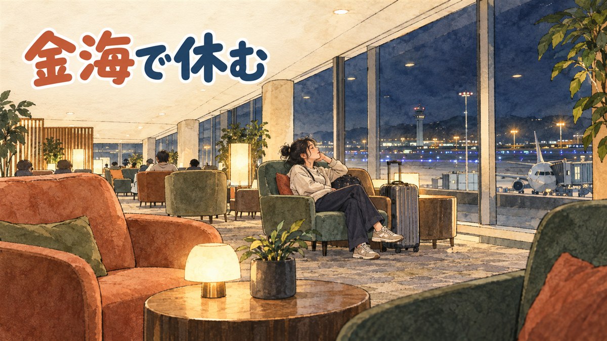 金海空港の国際線ターミナルで旅行者が休憩スペースを探している様子を示すイラスト