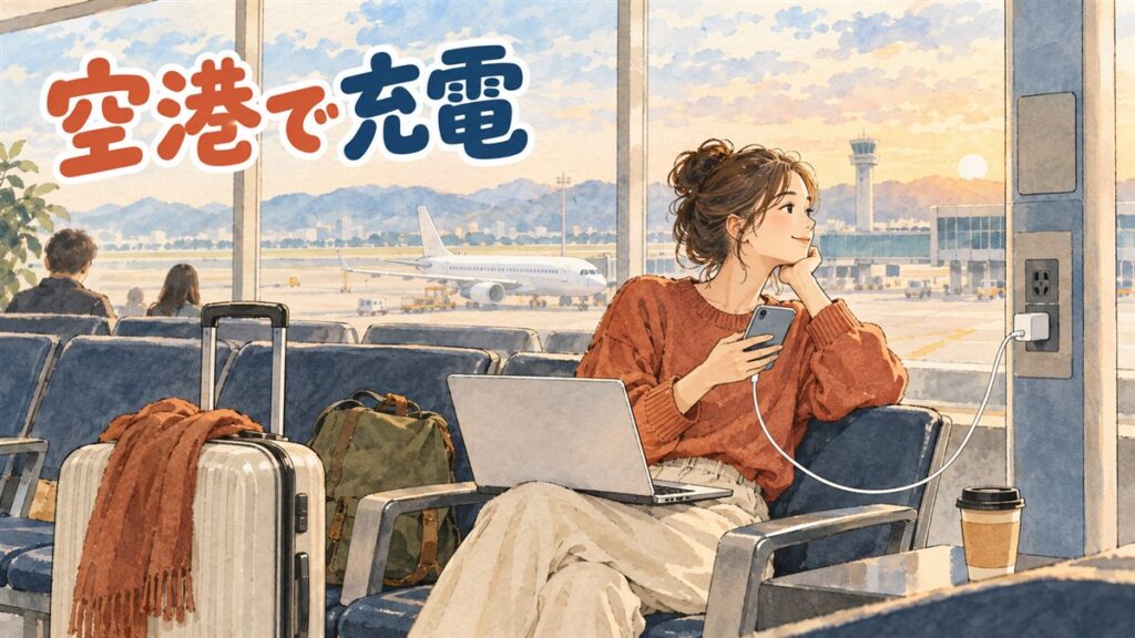 金海空港の搭乗待合エリアで旅行者がスマートフォンを充電スポットで充電している情景