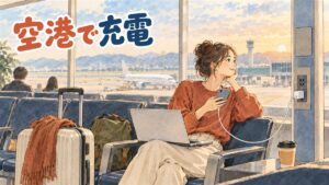 金海空港の搭乗待合エリアで旅行者がスマートフォンを充電スポットで充電している情景