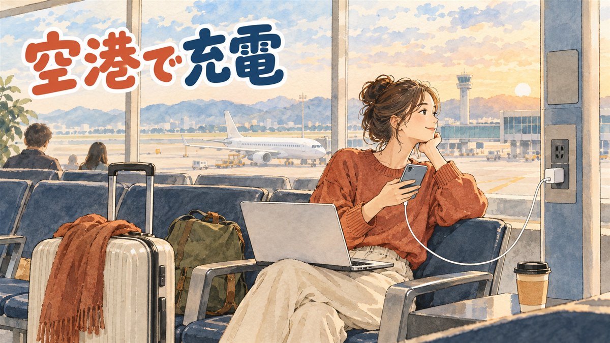 金海空港の搭乗待合エリアで旅行者がスマートフォンを充電スポットで充電している情景