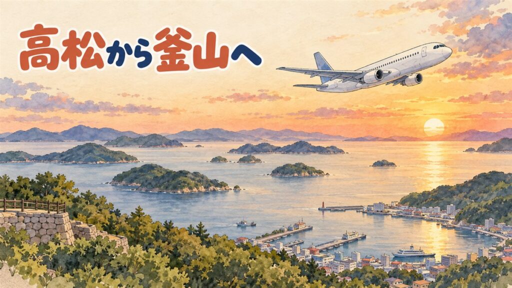 夕方の高松空港の出発ロビーで韓国行きの便を待つ旅行者