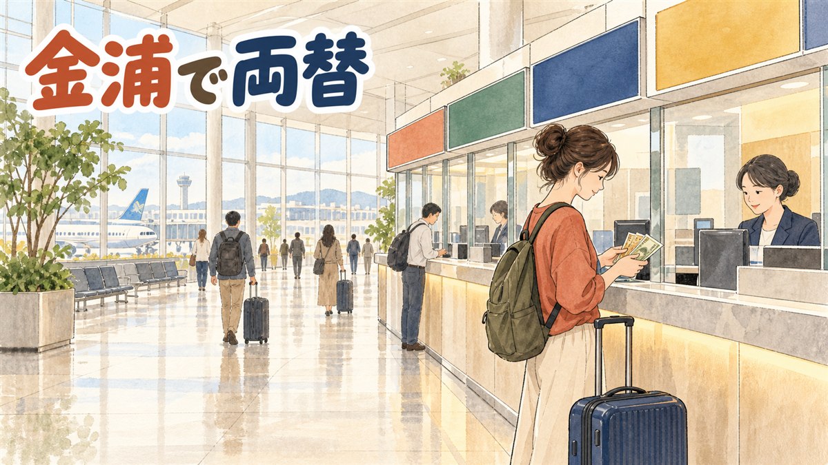 金浦空港の両替カウンターの前でパスポートを手にする旅行者のイメージ