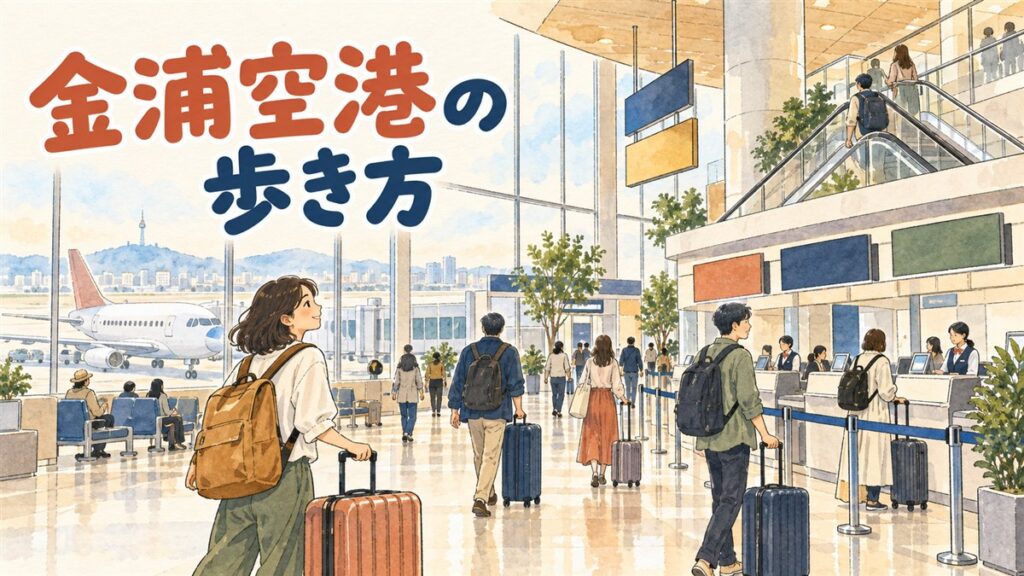 金浦空港の国際線ターミナルを歩く旅行者たちのイメージ
