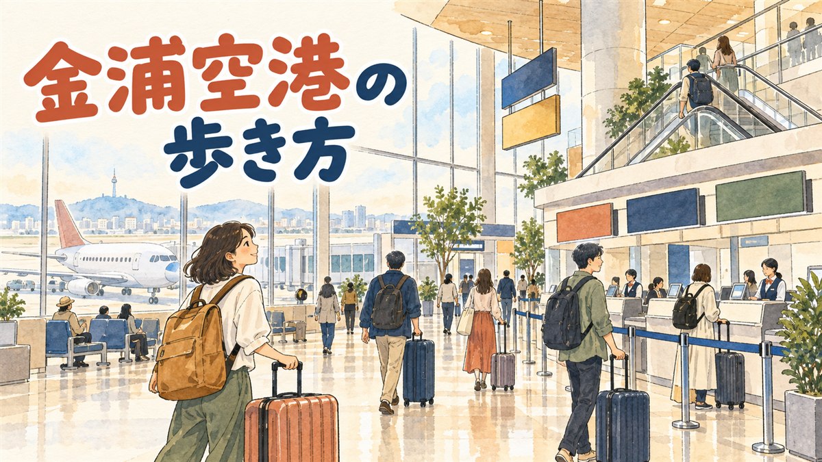 金浦空港の国際線ターミナルを歩く旅行者たちのイメージ