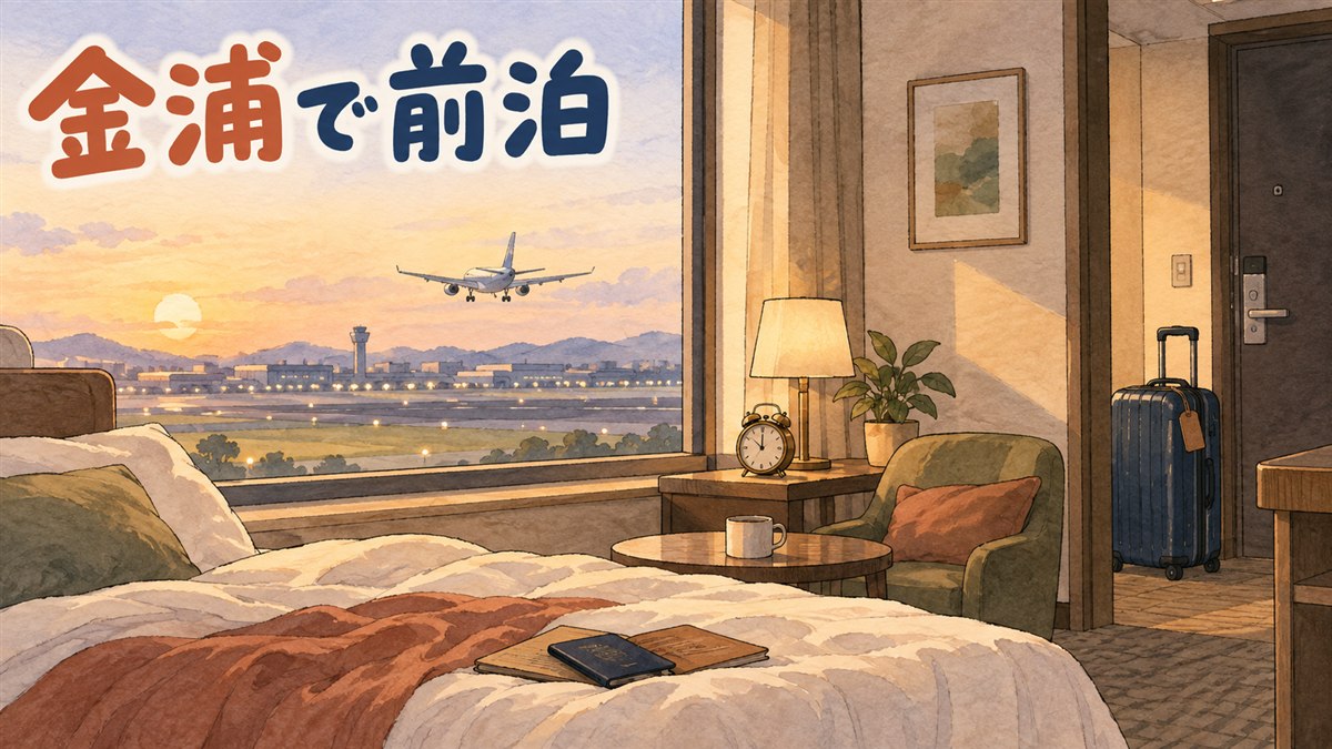 金浦空港周辺の3軒のホテルへ、それぞれ違う移動手段で向かう様子を並べたイメージ