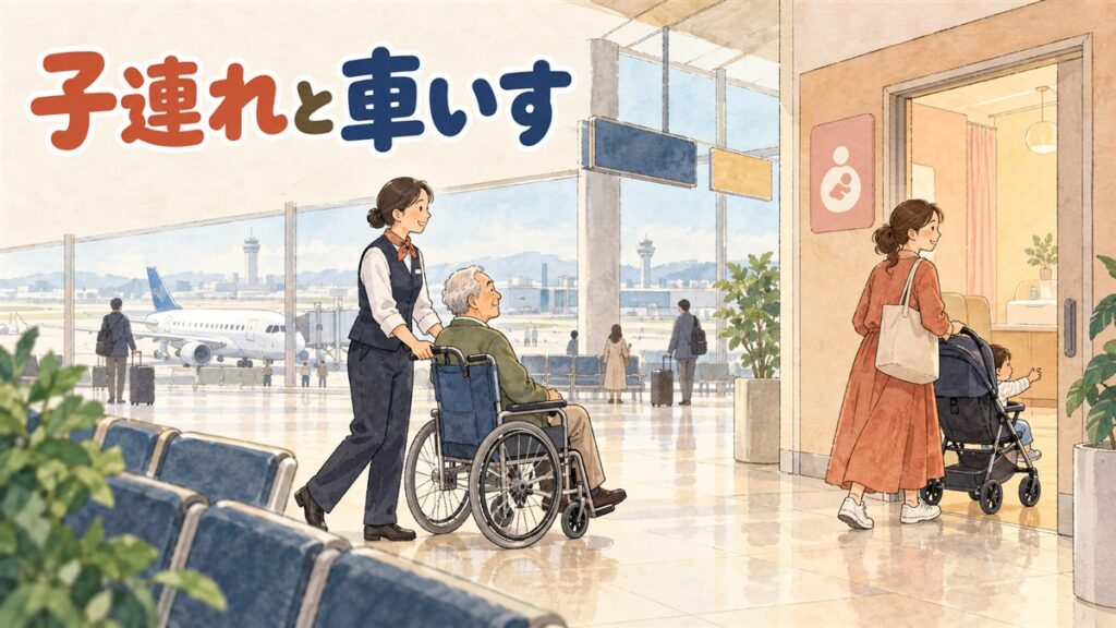 金浦空港の国際線ターミナルのロビーで、ベビーカーを押す親子連れと車いすを使う高齢の女性が案内デスクのスタッフから案内を受けている様子