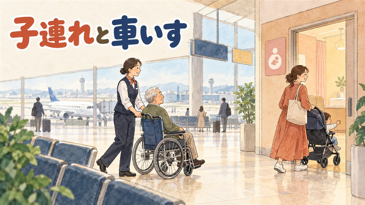 金浦空港の国際線ターミナルのロビーで、ベビーカーを押す親子連れと車いすを使う高齢の女性が案内デスクのスタッフから案内を受けている様子