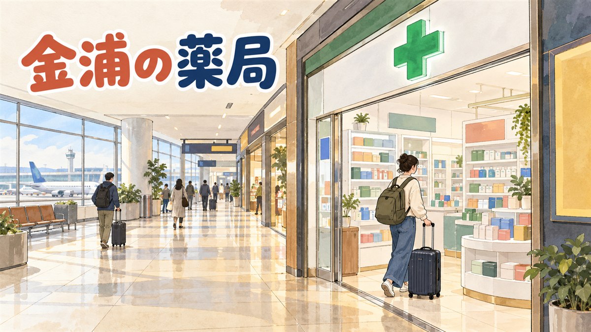 金浦空港のターミナルで薬局の案内板を探している旅行者の様子