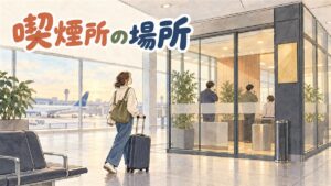 金浦空港の出国前フロアで喫煙室の案内サインを見上げる旅行者