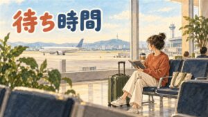 金浦空港の国際線ターミナルでスーツケースとともに搭乗までの時間を過ごす旅行者のイメージ