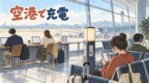 金浦空港国際線ターミナルの搭乗待合エリアで旅行者がスマートフォンを充電している様子