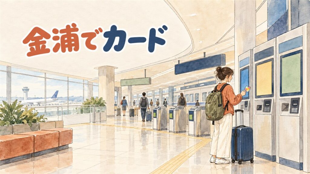 金浦空港の地下鉄駅出口付近でWOWPASSのキオスク端末を操作する旅行者の後ろ姿