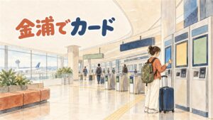 金浦空港の地下鉄駅出口付近でWOWPASSのキオスク端末を操作する旅行者の後ろ姿