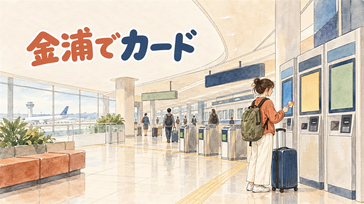 金浦空港の地下鉄駅出口付近でWOWPASSのキオスク端末を操作する旅行者の後ろ姿