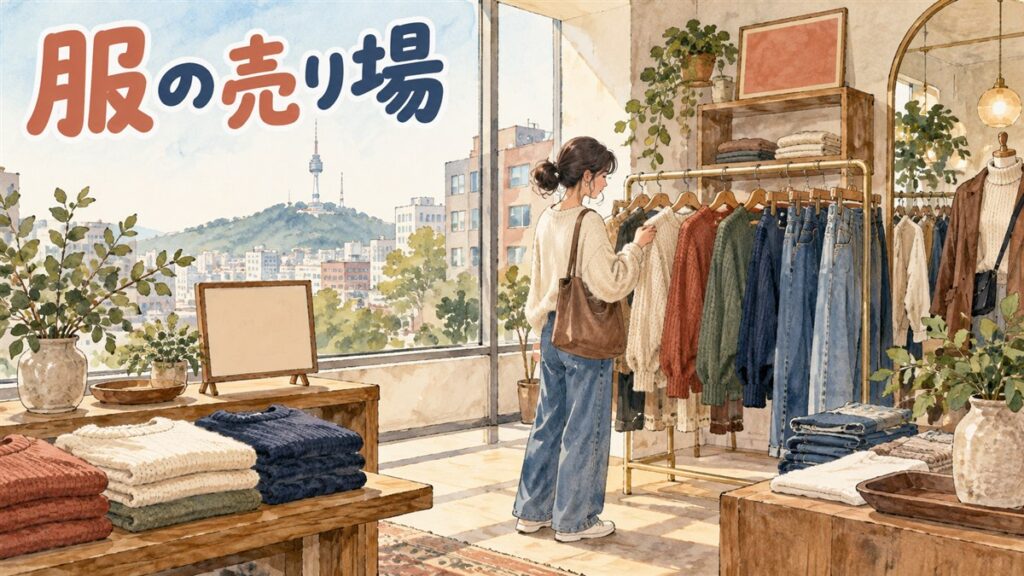 グロウニー(GLOWNY)のロゴキャップとニットが並ぶ韓国のアパレルショップの店内