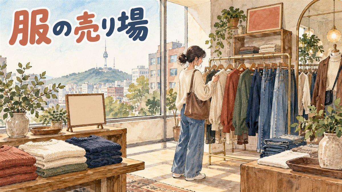 グロウニー(GLOWNY)のロゴキャップとニットが並ぶ韓国のアパレルショップの店内