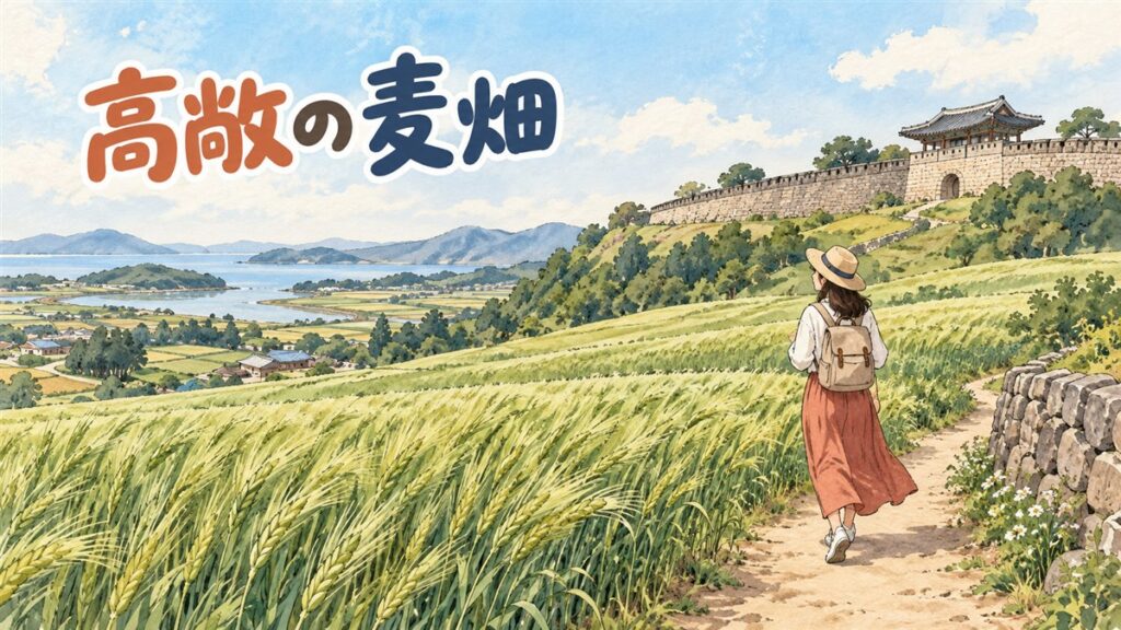 高敞の支石墓遺跡と青麦畑、選雲寺の椿を組み合わせた観光イメージ