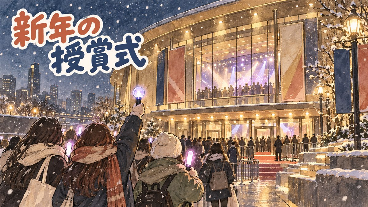 アジアの都市で開かれるK-POP音楽授賞式の野外特設ステージのイメージ