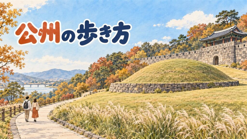 公州の古墳公園と城壁を背景に、旅行者が地図を見ながら次の目的地を考えている様子