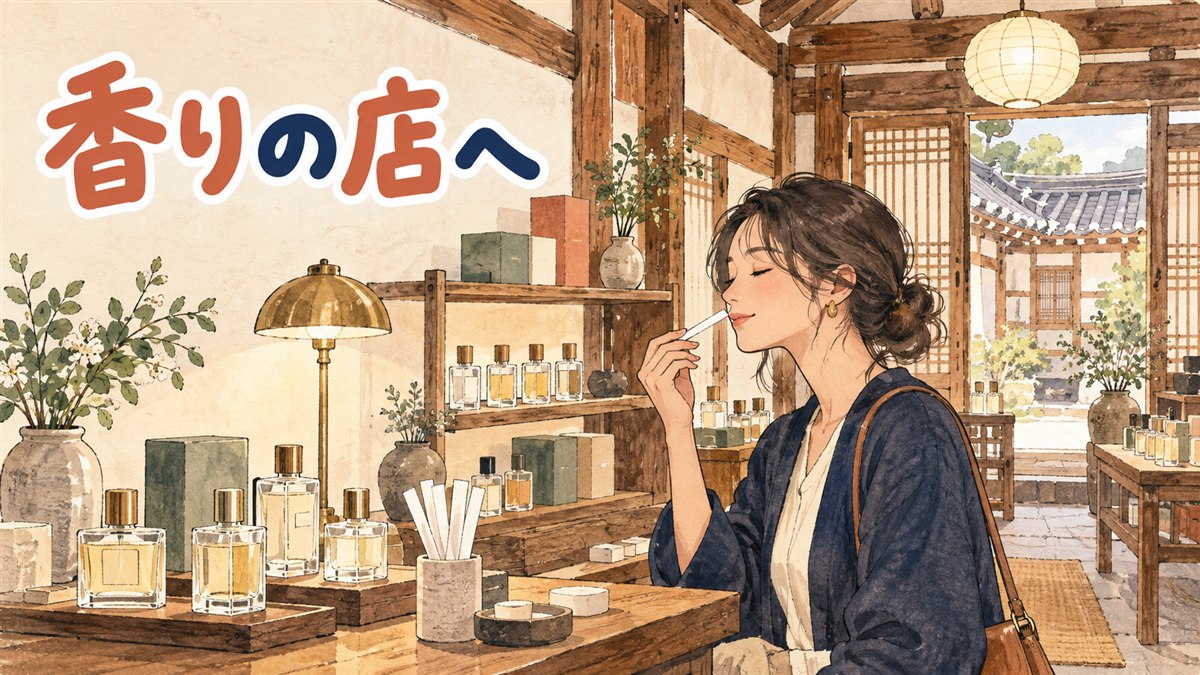 ソウルの韓屋風の小さな香水専門店の店先に立ち、棚のディフューザーとキャンドルを眺める女性旅行者
