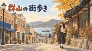 群山の近代建築が並ぶ通りを歩く旅行者のイメージ