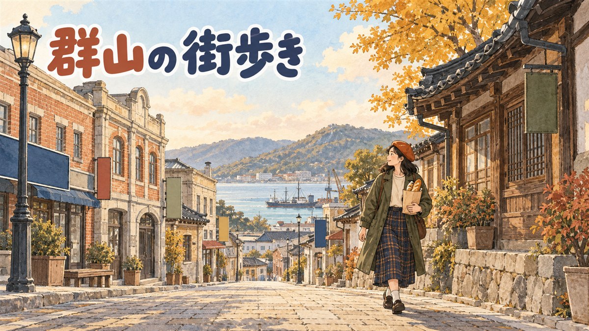 群山の近代建築が並ぶ通りを歩く旅行者のイメージ