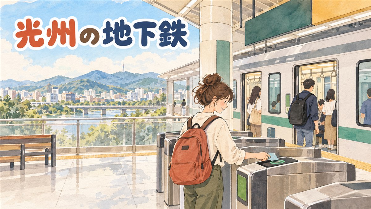 光州の地下鉄駅で交通カードを改札にタッチする旅行者の後ろ姿
