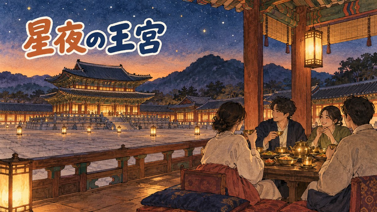 秋の夜、間接照明に照らされた景福宮の宮殿の回廊を歩く来場者たちの後ろ姿
