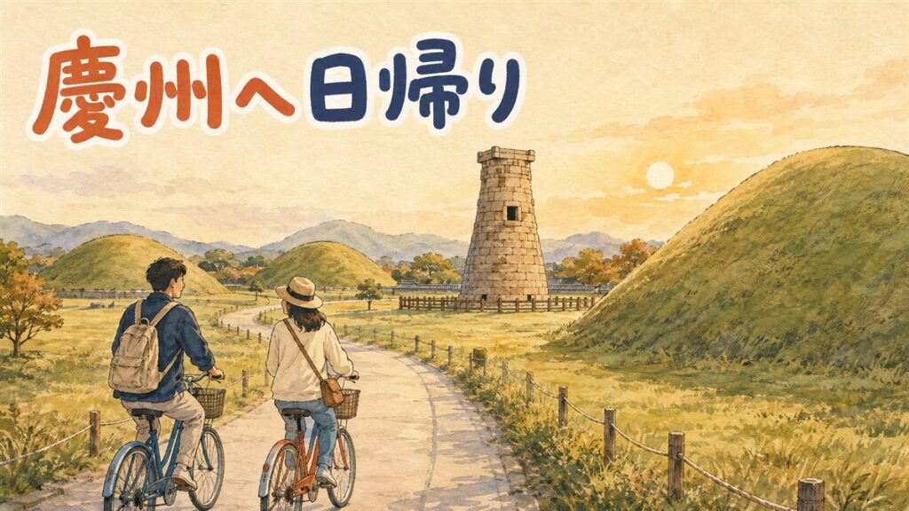 慶州の古墳が点在する公園と伝統家屋の街並みを描いたイメージ