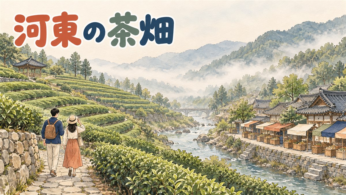 河東の緑茶畑と花開市場、双磎寺へ続く道を描いた旅行イメージ