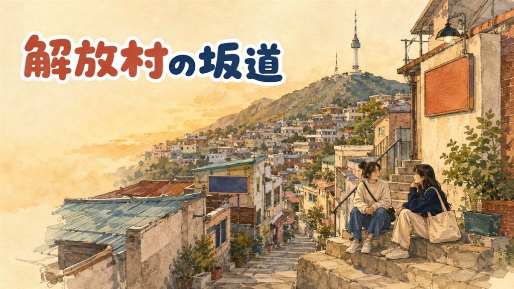南山の斜面に広がる解放村の坂道とシヌン市場を見下ろす風景