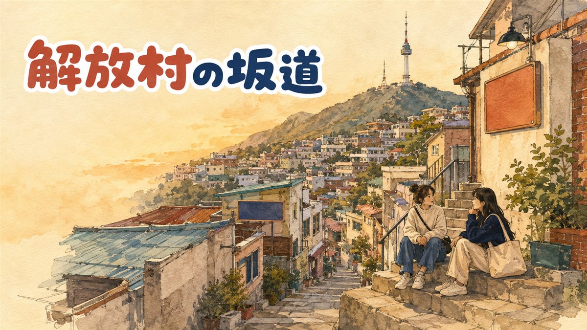 南山の斜面に広がる解放村の坂道とシヌン市場を見下ろす風景
