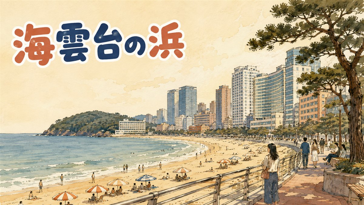 海雲台の白い砂浜とブルーラインパークの海岸列車、賑わう市場を組み合わせた情景