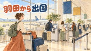 羽田空港の国際線出発ロビーでスーツケースを引きながら搭乗券とパスポートを手にする旅行者の後ろ姿
