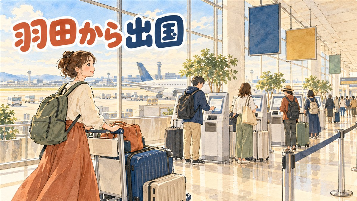 羽田空港の国際線出発ロビーでスーツケースを引きながら搭乗券とパスポートを手にする旅行者の後ろ姿