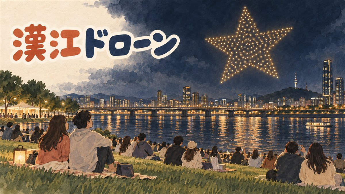 夜の漢江沿いに多数のドローンが編隊を組んで光の模様を描いている情景