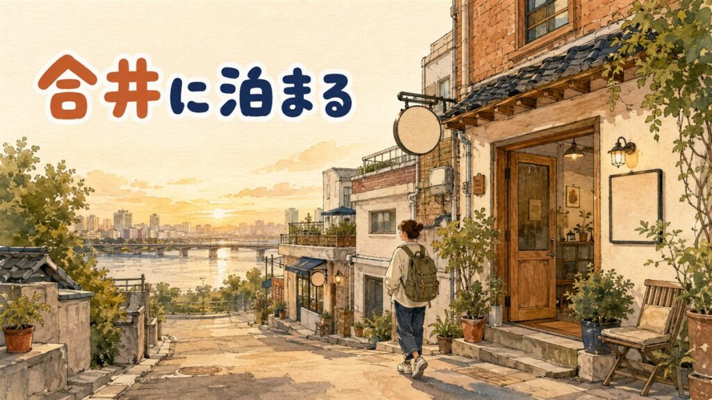 合井駅の乗換案内板と、漢江沿いを歩く旅行者の後ろ姿