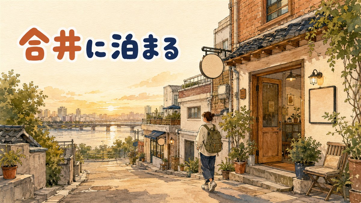 合井駅の乗換案内板と、漢江沿いを歩く旅行者の後ろ姿