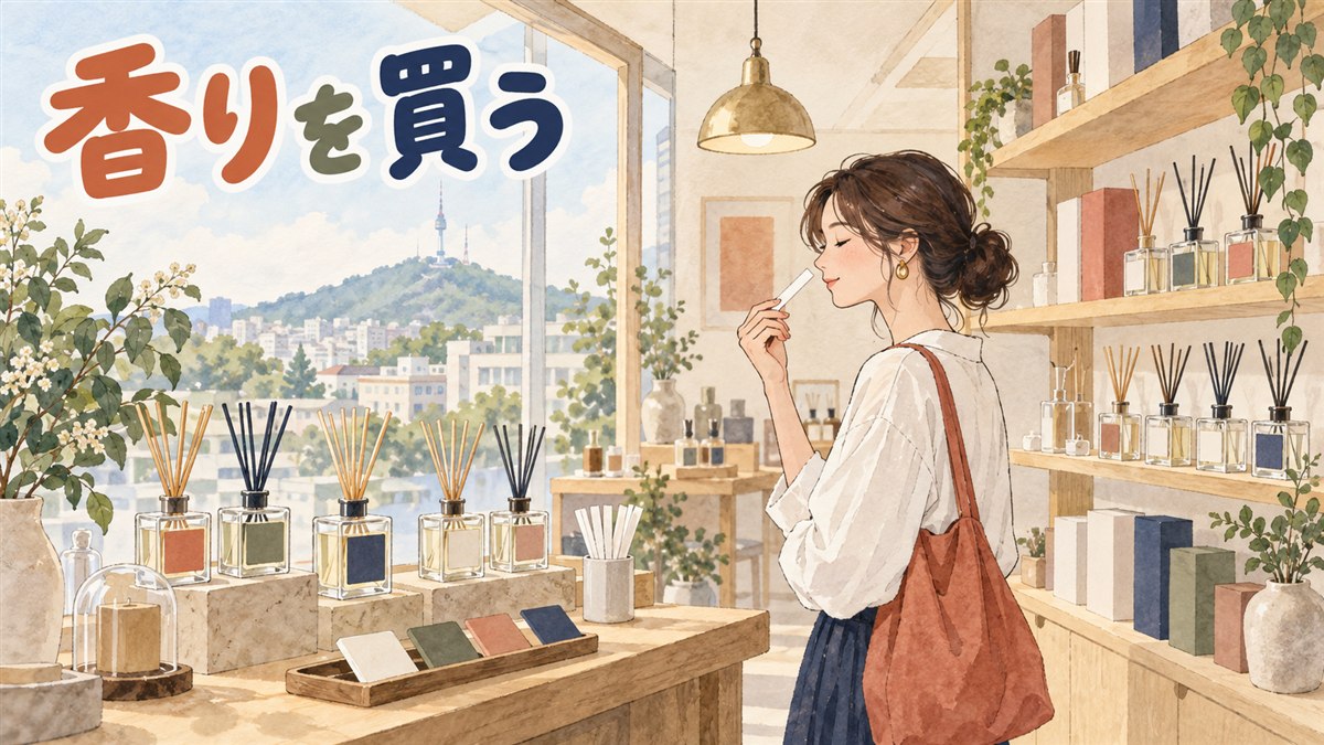 ソウルの路面店でリードディフューザーの瓶が並ぶ棚を眺める女性客の後ろ姿