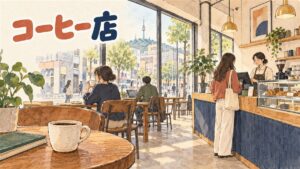 韓国のカフェチェーン、ハリーズコーヒーの店舗と看板メニューを紹介するイメージ