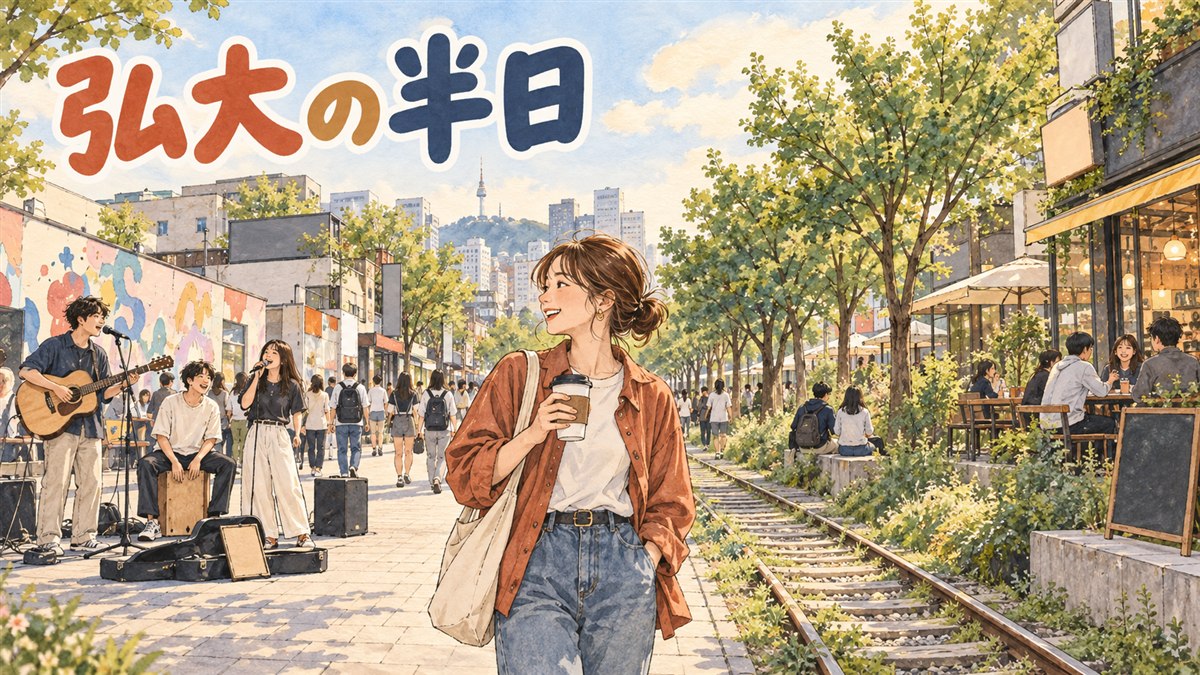 弘大入口駅の出口を出て地図アプリを見ながら歩く旅行者