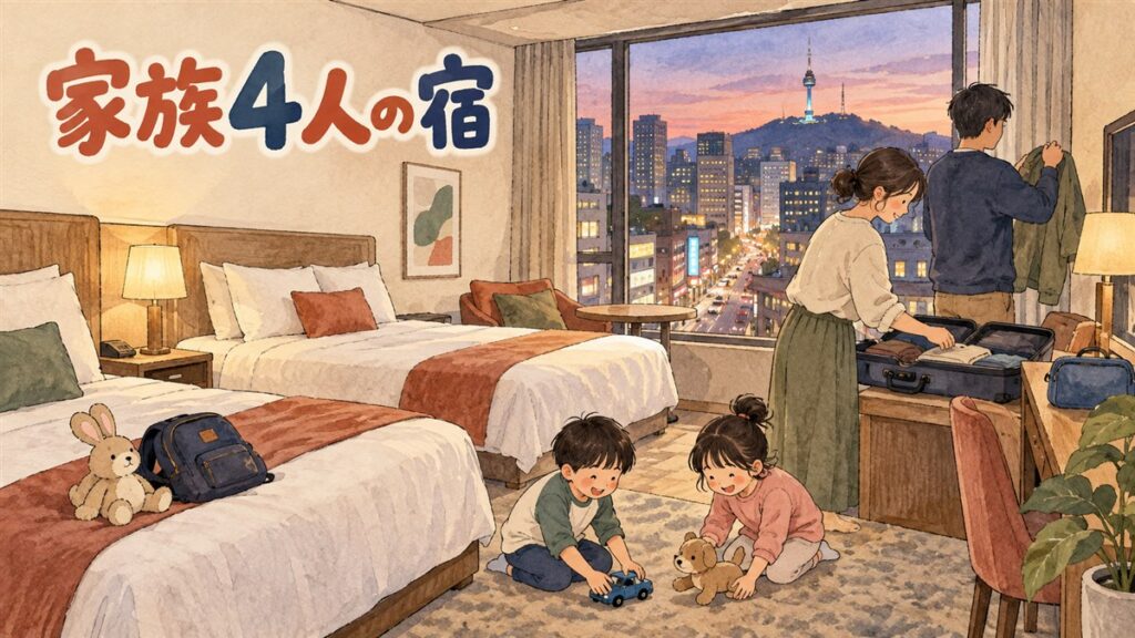 弘大のホテルの明るい客室で家族4人がくつろいでいる様子を示すイメージ