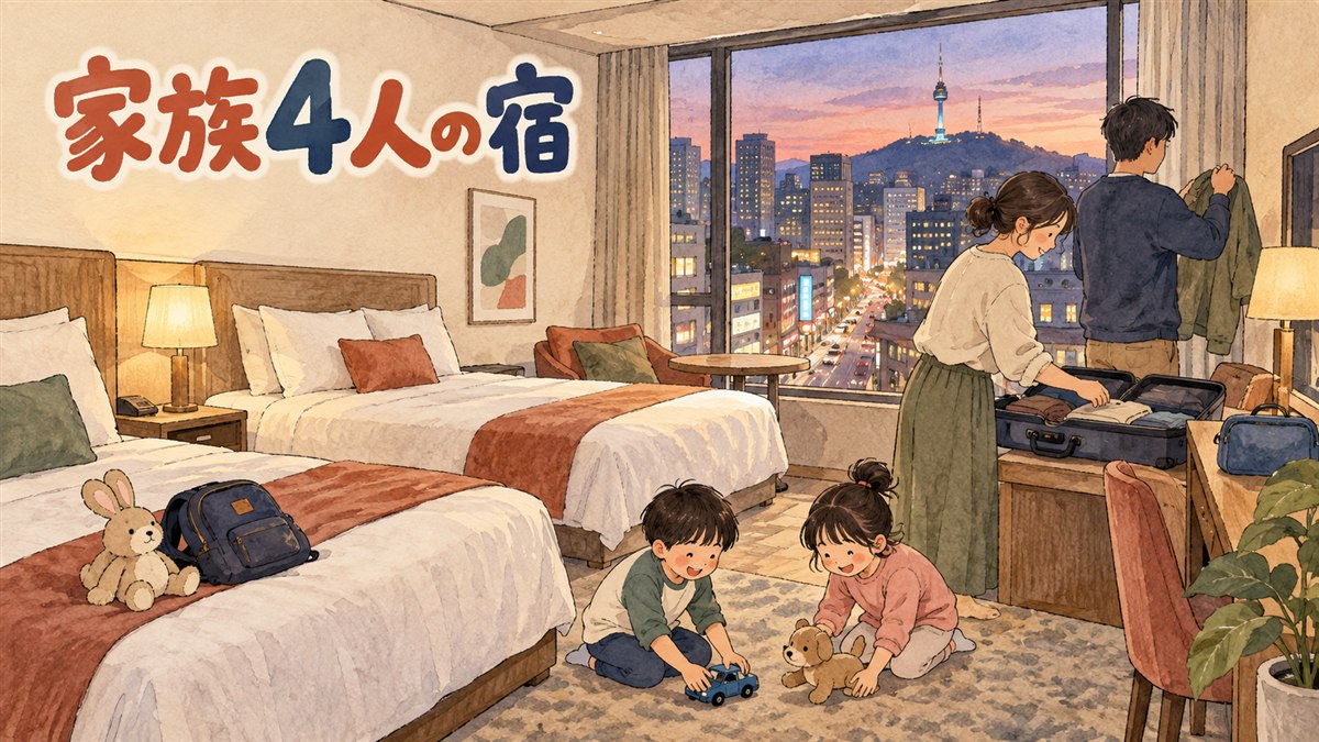 弘大のホテルの明るい客室で家族4人がくつろいでいる様子を示すイメージ