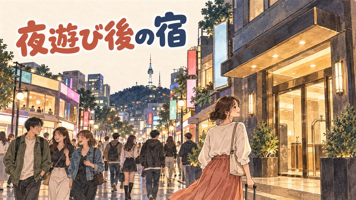 深夜の弘大の街を歩きながらスマホの地図でホテルまでの帰り道を確認する旅行者