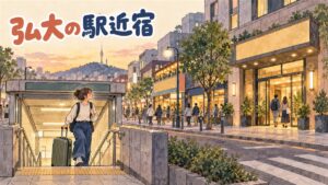弘大入口駅の出口付近で地図アプリを確認しながら歩く旅行者