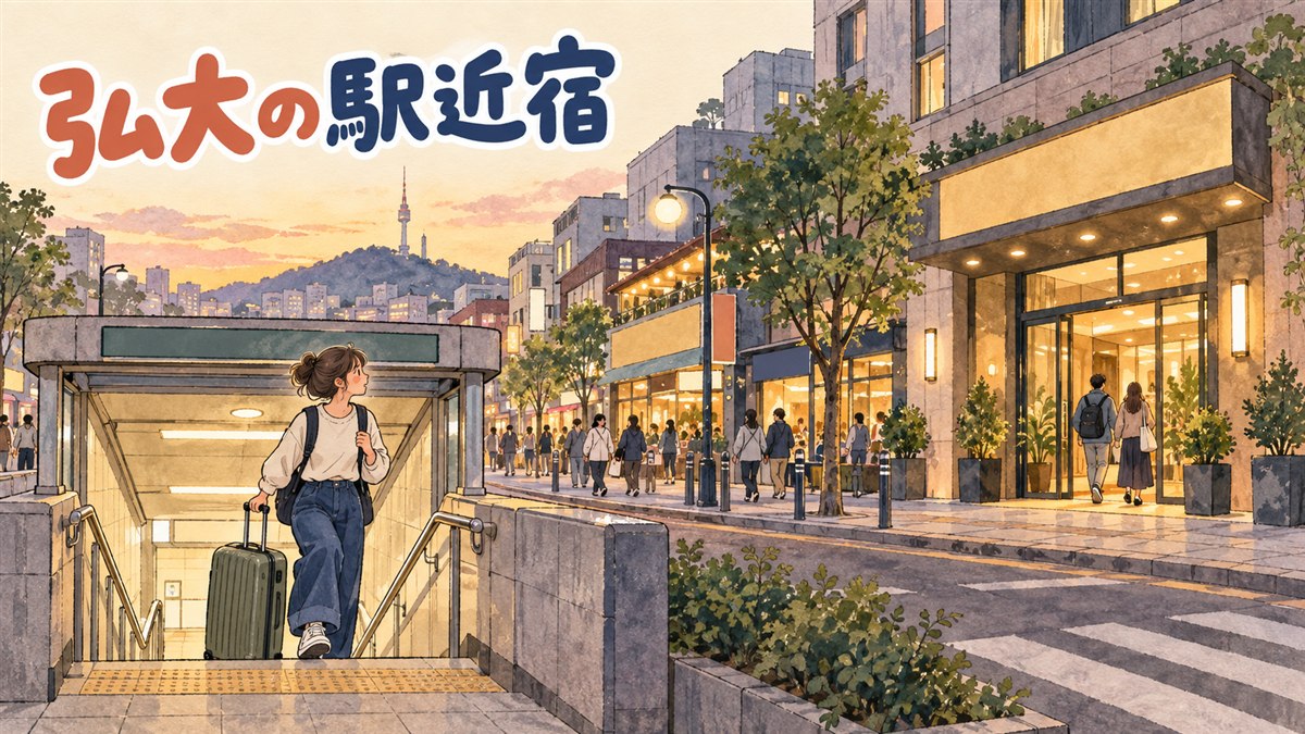 弘大入口駅の出口付近で地図アプリを確認しながら歩く旅行者
