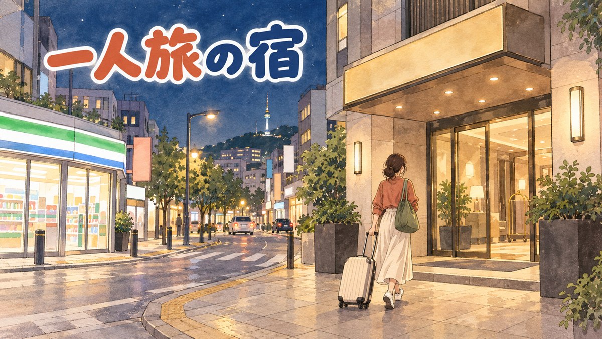 弘大の明るい目抜き通りを歩く女性ひとり旅行者のイメージ